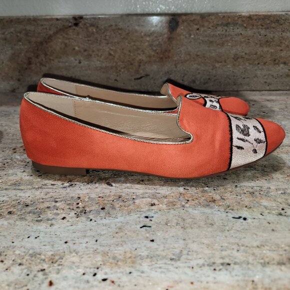 Giraffe Embroidered Orange Suede Flats Womens Size 10 Animal Print Slip-On Shoes - Picture 5 of 9